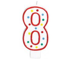 amscan 177788 Zahlenkerze 8, Weiß, Punkte farbig Sortiert, 12 cm