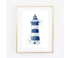 Din A4 Kunstdruck ungerahmt - Leuchtturm Lighthouse Aquarell maritim blau Badezimmer Geschenk Druck Poster Bild