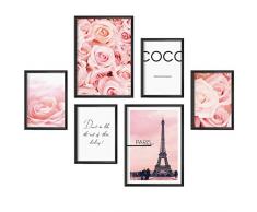 Mia Félice Moderne Wand-Bilder für das Wohnzimmer, Schlaf-Zimmer, Flur Tumblr Wand-Deko modern - Wand-Dekoration Wohnung » Coco « Paris Rosa Rose Poster-Set Wand-Bild - Collage ohne Bilderrahmen