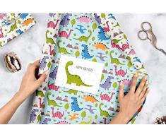 Geschenkpapier-Set für Kinder: Dinosaurier: 4x Einzelbögen + 1x Postkarte