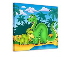 Wandbild - Dino Kinderbild - Familie - Bild auf Leinwand - 40x40 cm - Leinwandbilder - Kinder - Dinosaurier - Brachiosaurus - Mama mit Kind