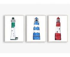 Din A4 Kunstdruck 3-teilig ungerahmt Leuchtturm Lighthouse Maritim Meer bunt Badezimmer Küste Aquarell Wasserfarbe Geschenk Druck Poster Deko Bild
