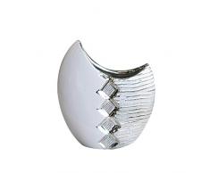 Lifestyle & More Moderne Deko Vase Blumenvase Tischvase aus Keramik weiß/Silber mit Perlenreihe 21x28 cm
