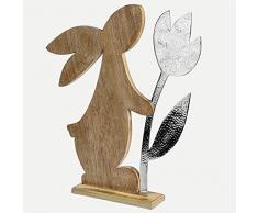 Formano Deko-Hase mit Blume aus Mangoholz und Alu, Länge: 50 cm, Breite: 10 cm, Höhe: 65 cm, Braun-Silber, 1 Stück