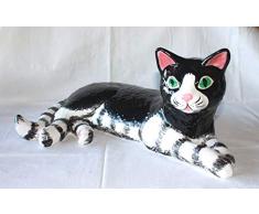 Katze liegend groß, Keramikkatze Figur Handarbeit handbemalt Deko