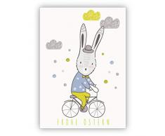 Im 5er Set: Nette Osterkarte mit Osterhase auf Fahrrad: Frohe Ostern - Grußkarte zum Osterfest