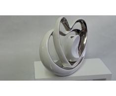 Vase Doppelherz Herz Skulptur aus Keramik, weiß-silber,16x19 cm