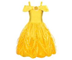 AmzBarley Prinzessin Belle Kostüm Kleid Kinder Mädchen Party Schick Kleider Cosplay Kleidung Halloween Karneval Ankleiden Geburtstag Zeremonie Rollenspiel, Gelb 02 mit Dekorationen, 5-6 Jahre