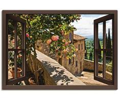 Artland Leinwandbild Wandbild Bild auf Leinwand 70x50 cm Wanddeko Fensterblick Fenster Toskana Landschaft Garten Rosen Balkon Natur T5QB