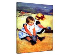 Bilderdepot24 Leinwandbild Mary Cassatt - Alte Meister Kinder am Strand 90x120cm - fertig gerahmt, direkt vom Hersteller