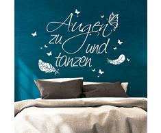 Wandtattoo Wandaufkleber Zitat Augen zu und tanzen mit Federn M1762 - ausgewählte Farbe: *Weiß* - ausgewählte Größe: *M - 80cm breit x 55cm hoch*