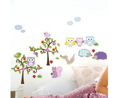 WANDKINGS Eulenbaum und Waldtiere Wandsticker Set, 65 Aufkleber, 2 DIN A4 Bögen, Gesamtfläche 60 x 20 cm