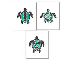 Kunstdruck Din A4 ungerahmt 3-teilig Schildkröte Turtle Maritim Mandala Türkis Grau Druck, Poster, Bild, Deko