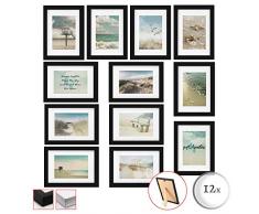 bomoe 12er Set Bilderrahmen Ocean Bilder-Collagen Fotorahmen aus Holz, Plexiglas, Metall-Wandaufhängung, Stand-Aufsteller und Passepartout - 12 Holzrahmen á 13x18cm - Schwarz