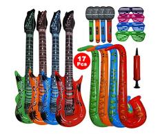 17 stück große größe buntes aufblasbare instrumente spielzeug,enthält: 4x aufblasbare gitarre(93cm),4×aufblasbares saxophon (70cm),4× aufblasbares mikrofon,4×shutter shading gläser,manuelle luftpumpe