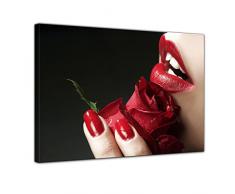 Wandbild - Smell and Beauty - Bild auf Leinwand 70 x 50 cm - Leinwandbilder Bilder als Leinwanddruck Akt & Erotik Rose und roter Mund
