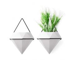 T4U 10cm Diamant Wandvase Keramik Weiß, Geometrische Wandmotage Pflanzgefäß Hängeampeln für Zimmerpflanzen, 2er-Set