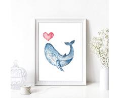 Din A4 Kunstdruck ungerahmt - Wal Blauwal Fisch Meerestier Herz Ozean Maritim Aquarell, blau Deko, Badezimmer Geschenk Druck Poster Bild