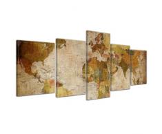Wandbild - Weltkarte Retro - Bild auf Leinwand 200x80 cm 5 teilig - Leinwandbilder Bilder als Leinwanddruck Landkarte im Vintage-Stil