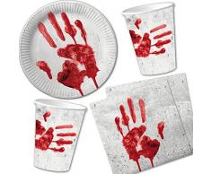 40-teiliges Halloween-Set * BLUTIGE HAND * mit Pappteller + Servietten + Pappbecher + Deko // Teller Becher Essen Pappe Geschirr Party Dekoration Mottoparty Horror