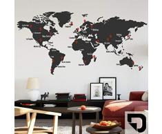 DESIGNSCAPE® Wandtattoo Weltkarte mit Städtenamen und Pins zum Markieren von Reisezielen und Wunschorten 120 x 58 cm (Breite x Höhe) Farbe 1: schwarz DW807427-S-F4
