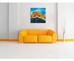 Leuchtender Tempel in China Pinsel Effekt, Format: 70x70 auf Leinwand, XXL riesige Bilder fertig gerahmt mit Keilrahmen, Kunstdruck auf Wandbild mit Rahmen, günstiger als Gemälde oder Ölbild, kein Poster oder Plakat
