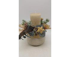 Weihnachtsgesteck Adventsgesteck Adventskranz Kerze Sterne Zapfen Feder gold