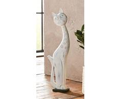 Skulptur Katze aus Holz, weiß, 60 cm hoch, im Used-Look, Shabby Style, Bali, Afrika, Deko-Figur
