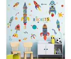 WandSticker4U®- XL Wandtattoo RAKETE Kinder I Wandbilder: 85x140 cm I Wandsticker Kinderzimmer Junge Weltraum Weltall Planeten Aufkleber Sternen Raumschiff bunt I Wand Deko für Jungenzimmer