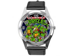 Taport® Teenage Mutant Ninja Turtles, runde Quarz-Uhr, schwarzes Lederarmband + Gratis-Ersatzbatterie + Geschenktasche