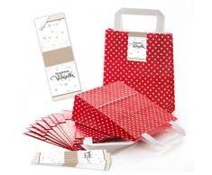 10 rote, weiß gepunktete Papiertüten Geschenk-tüten Weihnachtstüten mit Boden (18 x 8 x 22 cm) kleine Papiertaschen mit Weihnachts-Aufkleber Banderole Wunderbare Weihnachten