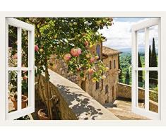 Artland Poster Kunstdruck oder Leinwand-Bild Wandbild fertig aufgespannt auf Keilrahmen banepetkovic Fensterblick Rosen auf einem Balkon in San Gimignano, mit Toskanalandschaft Garten Fotografie Grün