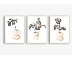 Kunstdruck 3-teilig Din A4 ungerahmt - Aquarell Monstera Fensterblatt Terracotta Vasen Stilleben Toskana Druck Poster Bild