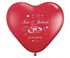 partydiscount24 50 Herzballons Bedrucken Ringe, Namen & Datum Ø 25 cm - Ballondruck Herzluftballons