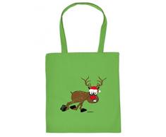Lustige Geschenktasche für Weihnachten : laufendes Rentier mit Mütze -- Baumwolltasche Weihnachten Farbe: hellgrün