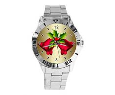 Armbanduhr für Damen und Herren, mit Weihnachtsglocken, analoges Design, Quarz, silberfarbenes Zifferblatt, klassisches Edelstahlband