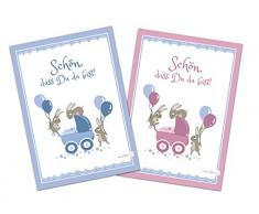 Glückwunschkarte zur Geburt - Schön, dass du da bist - Hasen - Set zu 10 Stück - 5 Mädchenkarten und 5 Jungenkarten - Illustration - Postkarte Glückwünsche