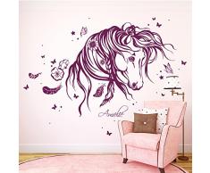 ilka parey wandtattoo-welt® Wandtattoo Wandbild Wandaufkleber Wandsticker Aufkleber Sticker Pferd Wildpferd mit Blumen Federn und Wunschnamen M1873 ausgewählte Farbe: *beere* ausgewählte Größe: *XL - 85cm breit x 120cm hoch*