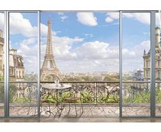 wandmotiv24 Fototapete Aussicht Balkon Paris XL 350 x 245 cm - 7 Teile Fototapeten, Wandbild, Motivtapeten, Vlies-Tapeten Stadt, Eiffelturm, Frankreich M1216