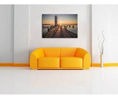 Leuchtturm am Steg im Sonnenuntergang, Format: 100x70 auf Leinwand, XXL riesige Bilder fertig gerahmt mit Keilrahmen, Kunstdruck auf Wandbild mit Rahmen, günstiger als Gemälde oder Ölbild, kein Poster oder Plakat