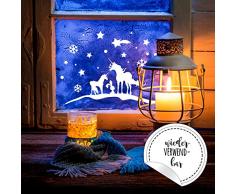 Fensterbild Einhörner Winter -WIEDERVERWENDBAR- Fensterdeko Einhorn Fensterbilder Winterlandschaft 28cm breit x 14cm hoch + Sterne & Schneeflocken M2259