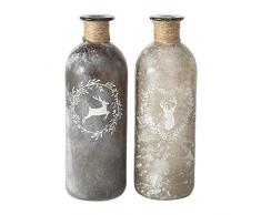 2 x Flaschenvase Hirsch mit Sisalband Glas grau hoch Landhausstil Flasche Vase Tischvasen Glasflaschen Dekoflaschen Väschen Vasen Glasvasen 21x7 cm