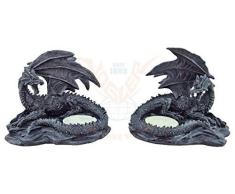 Teelichthalter 2er Set schwarze Drachen | Gothic Kerzenhalter Kerzenständer Deko Figur