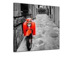 Kunstdruck - Retro Roller - Bild auf Leinwand 80 x 80 cm - Leinwandbilder - Bilder als Leinwanddruck - Motorisiert - schwarz weiß - roter Motorroller