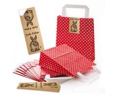 10 kleine rote Papiertüten Osternest gepunktet Henkel Boden Ostertüten + Osteraufkleber vintage Hase Osterhase Ostern Herz rot Verpackung Geschenke Deko