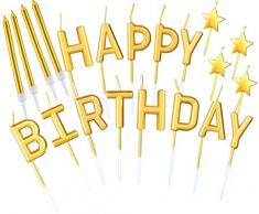 Byou Geburtstag Kuchen Kerzen,Geburtstagskerzen Set 21stück Gold Happy Birthday Kuchen Kerzen Stern Geburtstag Topper Metallisch Lange Dünne Kerzen für Kuchen Dekorationen