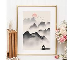 Kunstdruck Din A4 ungerahmt - Asiatische Landschaft Kunst China Japan Gebirge Sonne Tusche Druck Bild