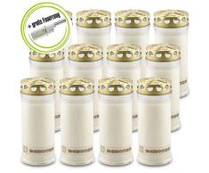 DecoLite: 12 Grabkerzen Memoriam Nr. 6 mit Deckel von Aeterna mit ca. 7 Tagen Brenndauer & Kerzenprofi Stabfeuerzeug - Weiß