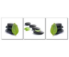 Haus und Deko Wandbild 3er Set Feng Shui Bild Steine mit Blättern Meditation Wellness Fotodruck 3 Bilder auf Holzfaserplatte je 50x50 cm