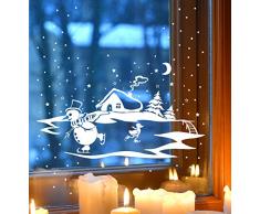ilka parey wandtattoo-welt® Fensterbild Fensterdeko Winterbild Schneemann und Ente die Schlittschuh fahren Winterhaus Tannen M1703 - ausgewählte Farbe: *Weiß* - ausgewählte Größe: *M - 28cm breit x 18cm hoch*